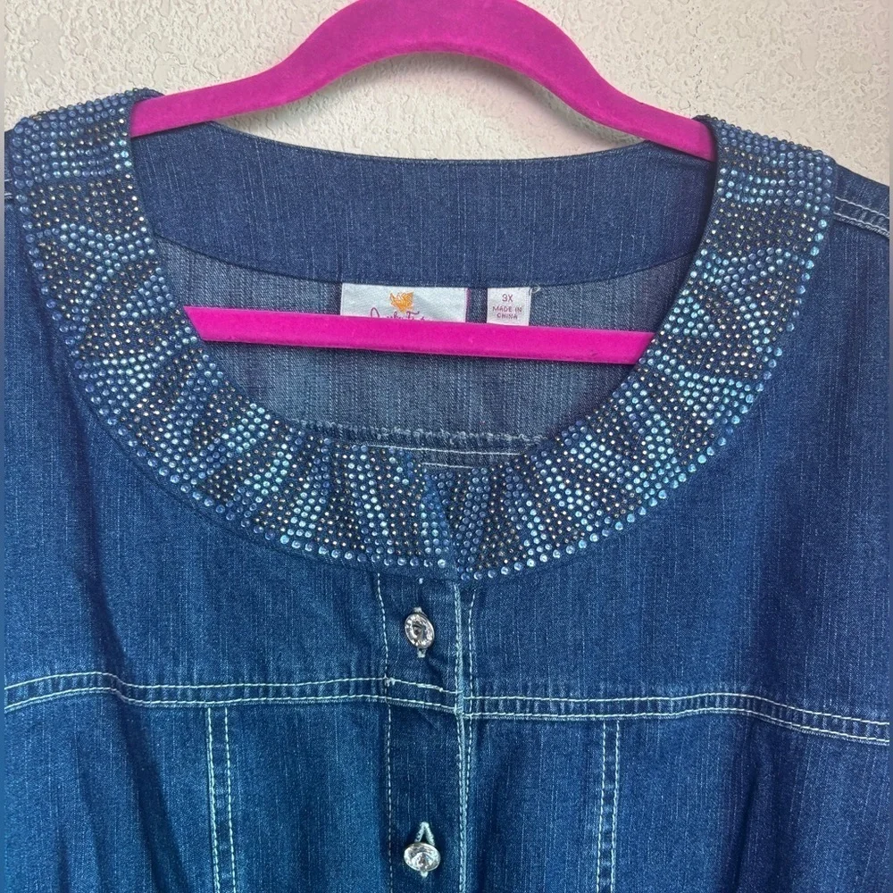 Quacker Factory Dark Blue Denim Rhinestone Embellished Button Front Jacket 3X